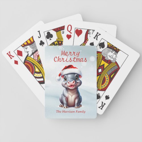 Cute Hippopotamus Santa Hat Snowy Christmas  Poker Cards