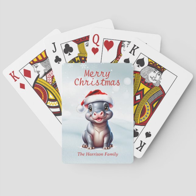 Cute Hippopotamus Santa Hat Snowy Christmas  Poker Cards (Back)