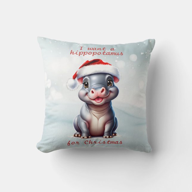 Cute Hippopotamus Santa Hat Snowy Christmas  Throw Pillow (Front)