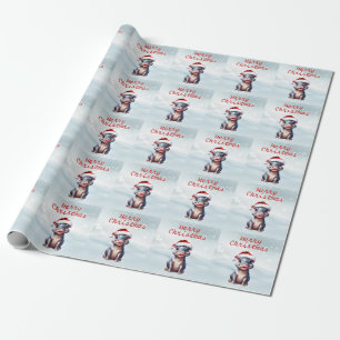 Cute Hippopotamus Santa Hat Snowy Christmas Wrapping Paper