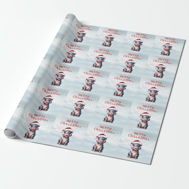 Cute Hippopotamus Santa Hat Snowy Christmas  Wrapping Paper (Unrolled)