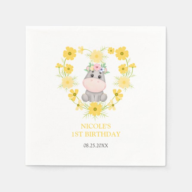 Cute Hippopotamus Yellow Flower Heart 1st Birthday Napkins (Front)
