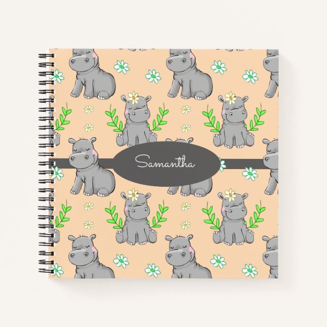 Cute Hippos and Flowers Pattern Custom Name Notebook (Front)
