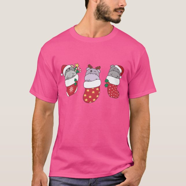 Cute Hippos In Christmas Stockings For Christmas f T-Shirt (Front)
