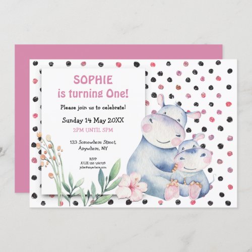 Cute Hippos Pink Dots Girls First Birthday Party Invitation