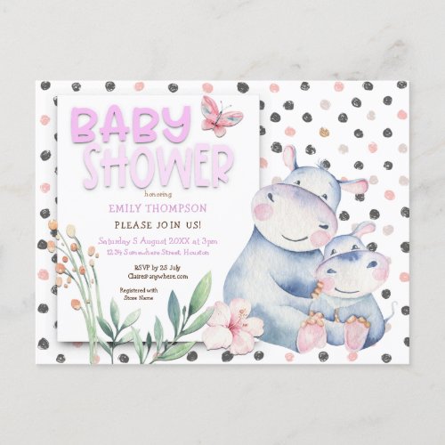 Cute Hippos Polka Dots Pink Baby Shower Invitation Postcard