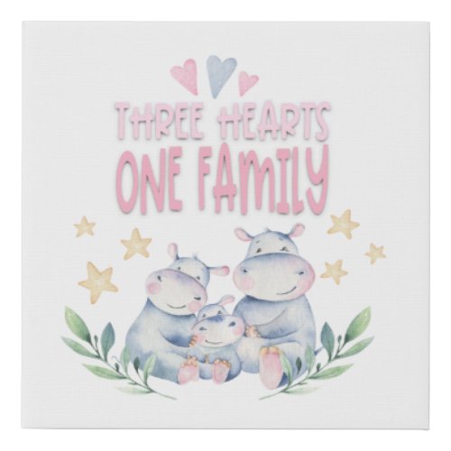 Cute Hippos Three Hearts One Family Baby Girl Faux Canvas Print