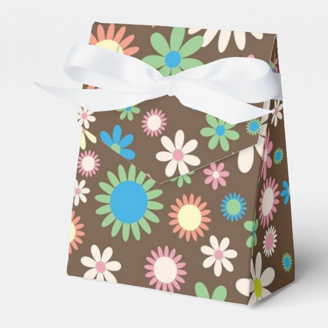 Cute Hippy Flower Power Pattern Brown Favor Boxes (Front Side)