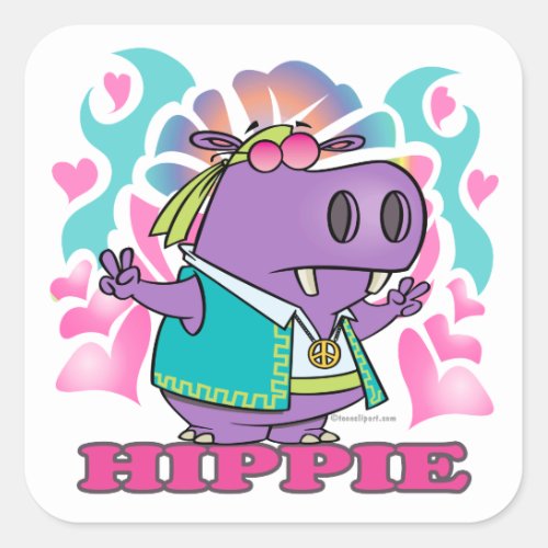 cute hippy hippie hippo cartoon with text square sticker