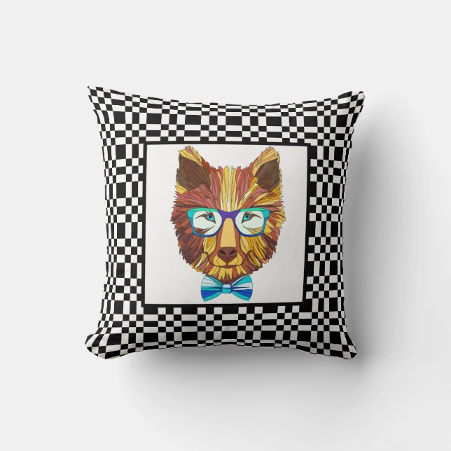 Cute Hipster Bear on B&W Checkerboard Throw Pillow (Front)