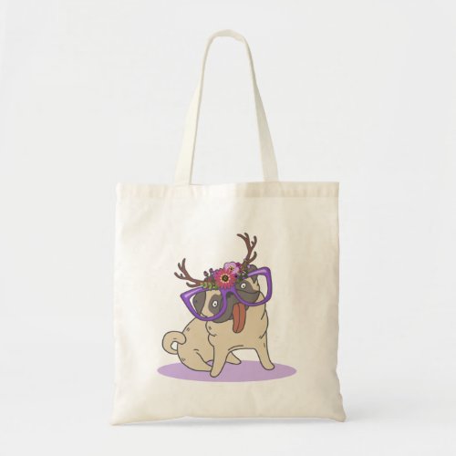 Cute Hipster Boho Floral Hippie Pug in Glasses Tote Bag