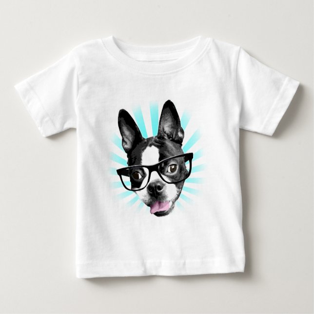 Cute! Hipster Boston Terrier Baby T-Shirt (Front)