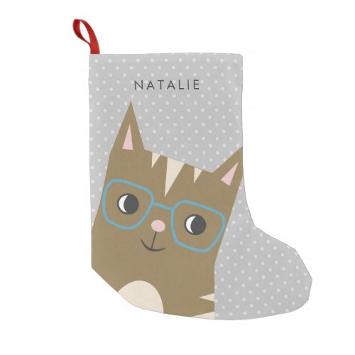 Cute Hipster Cat Illustration  Add Your Name Small Christmas Stocking