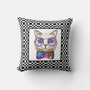 Cute Hipster Cat on B&W Checkerboard Throw Pillow