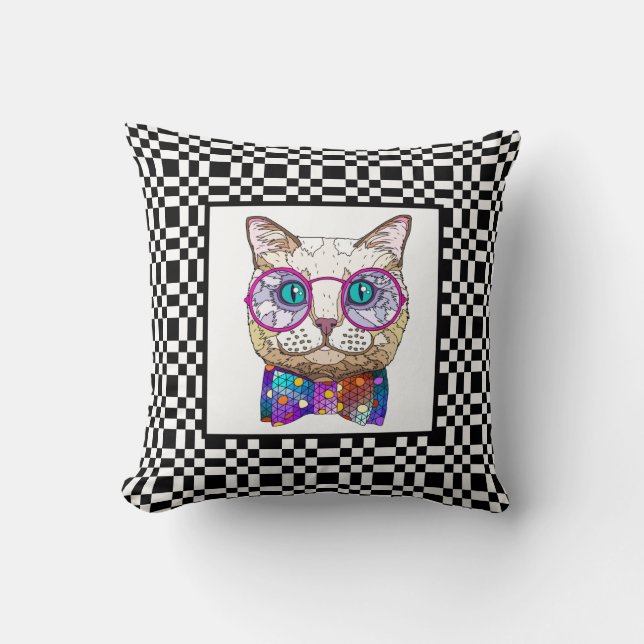 Cute Hipster Cat on B&W Checkerboard Throw Pillow (Front)