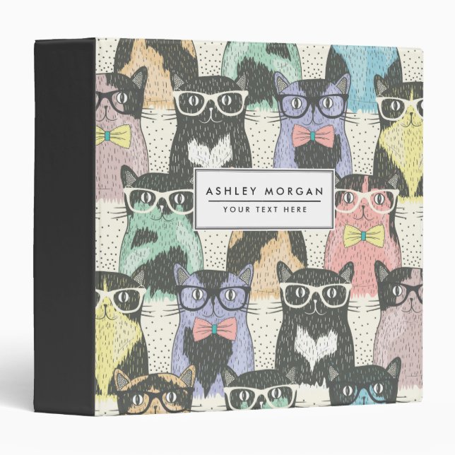 Cute Hipster Cats Pattern 3 Ring Binder (Front/Spine)