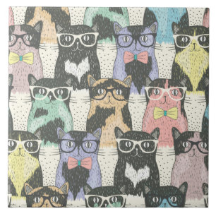 Cute Hipster Cats Pattern Ceramic Tile