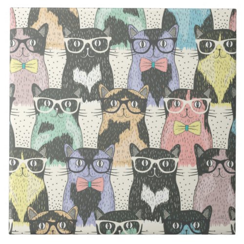 Cute Hipster Cats Pattern Ceramic Tile