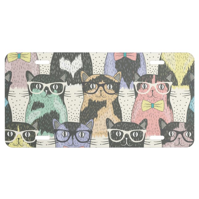 Cute Hipster Cats Pattern License Plate (Front)