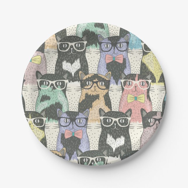 Cute Hipster Cats Pattern Paper Plates (Front)