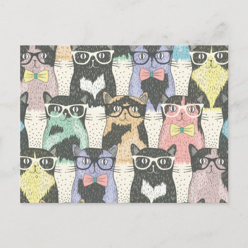 Cute Hipster Cats Pattern Postcard
