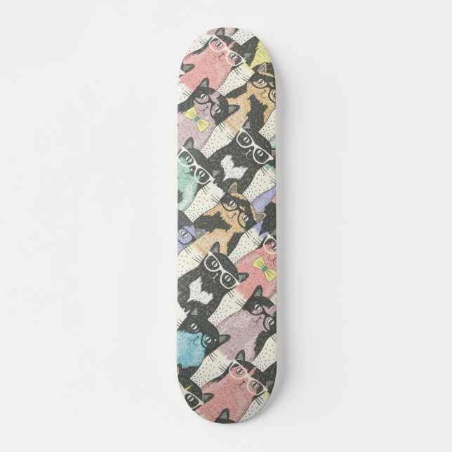 Cute Hipster Cats Pattern Skateboard Deck (Front)