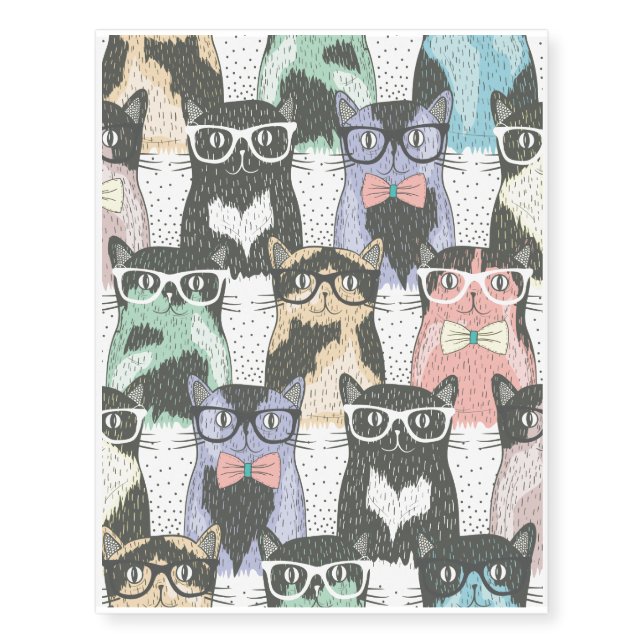 Cute Hipster Cats Pattern Temporary Tattoos (Front)