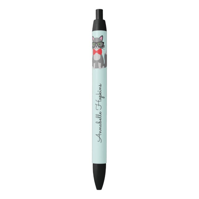 Cute Hipster Grey Cat Name Black Ink Pen (Front Vertical)