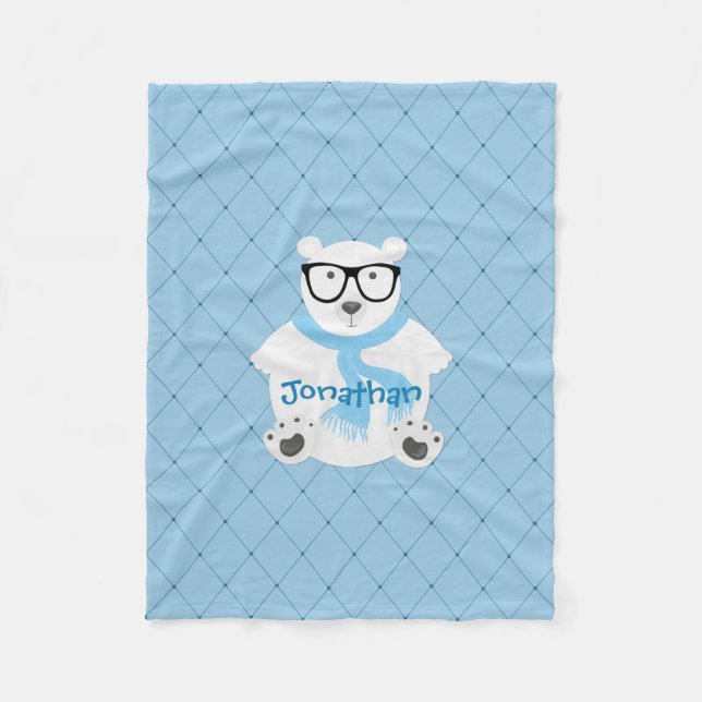 Cute Hipster Polar Bear Blue Personalized Fleece Blanket (Front)
