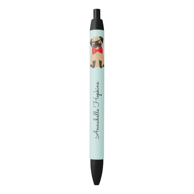 Cute Hipster Pug Name Black Ink Pen (Front Vertical)