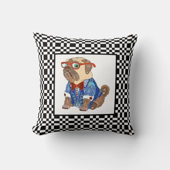 Cute Hipster Pug on B&W Checkerboard Throw Pillow (Front)