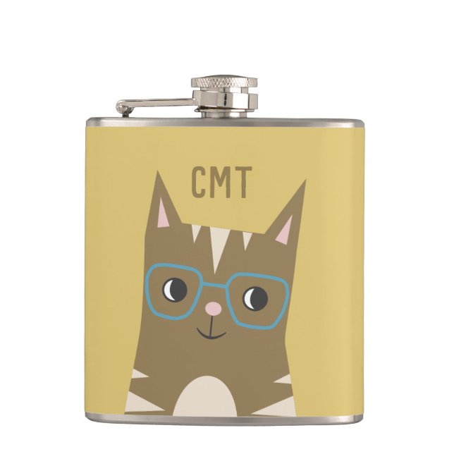 Cute Hipster Tabby Cat with Glasses | Monogram Flask (Front)
