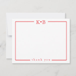 Cute His Hers Initials Red Heart Thank You Note Card