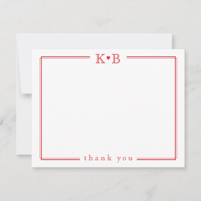 Cute His Hers Initials Red Heart Thank You Note Card (Front)
