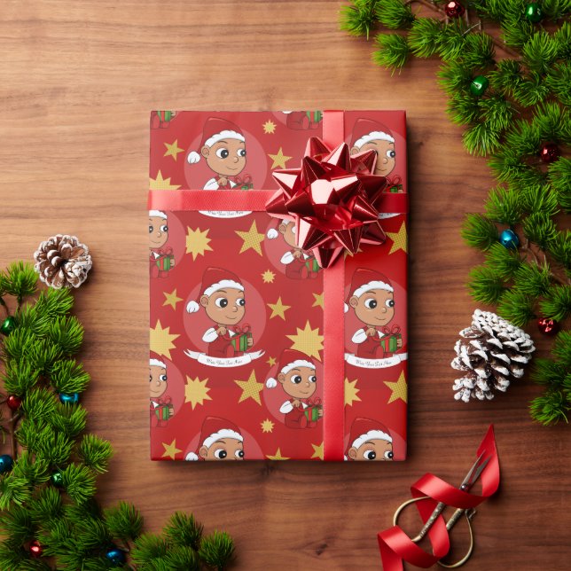 Cute Hispanic baby with a Christmas hat cartoon Wrapping Paper (Holiday Gift)