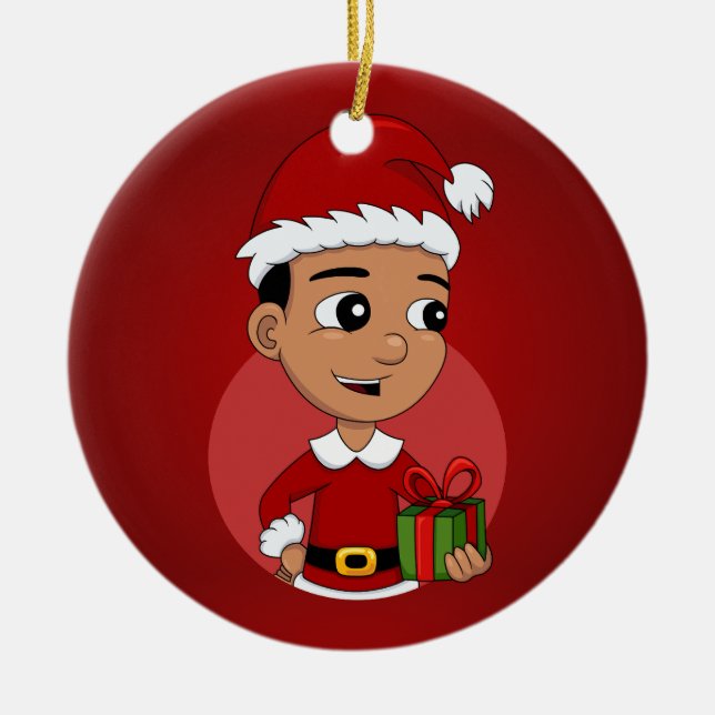 Cute Hispanic Christmas boy cartoon Ceramic Ornament (Front)