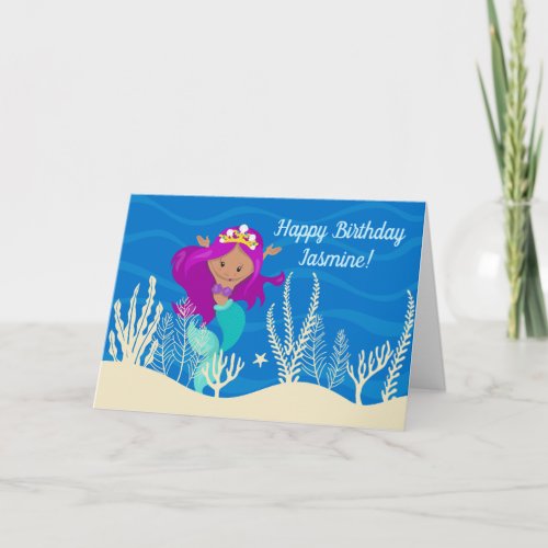 Cute Hispanic Mermaid Birthday Girl Custom Kids Card