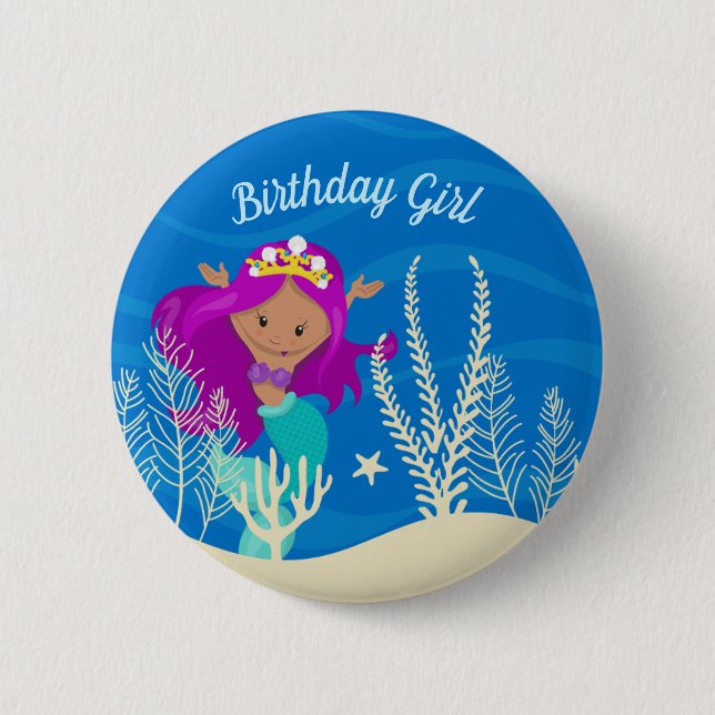 Cute Hispanic Mermaid Birthday Girl Monogram Ocean Button (Front)