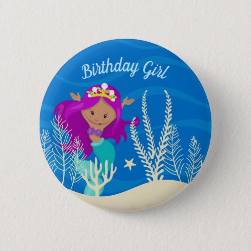 Cute Hispanic Mermaid Birthday Girl Monogram Ocean Button