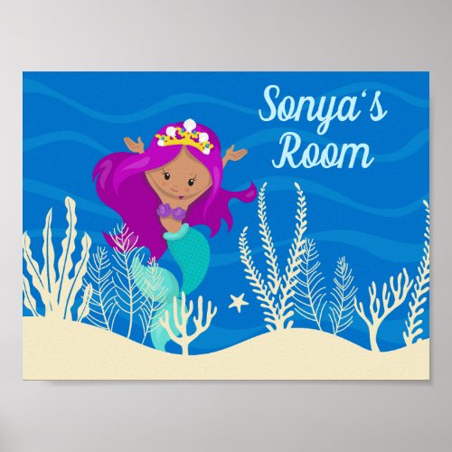 Cute Hispanic Mermaid Girl Purple Hair Custom Kids Poster