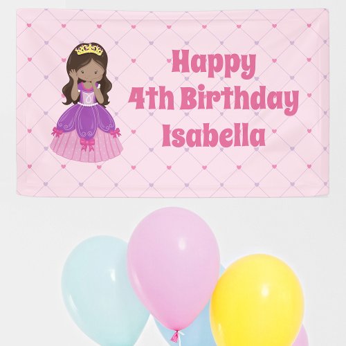 Cute Hispanic Princess Girl Custom Pink Birthday Banner