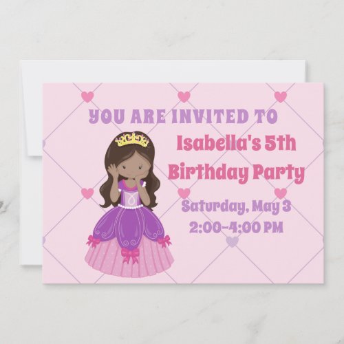 Cute Hispanic Princess Girl Pink Birthday Party Invitation
