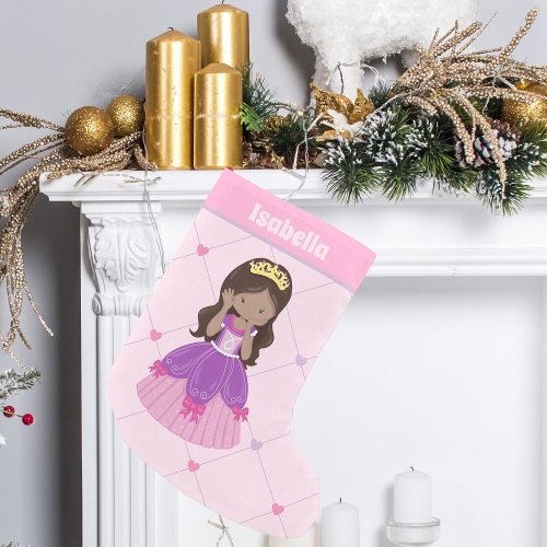 Cute Hispanic Princess Girl Pink Hearts Custom Kid Small Christmas Stocking
