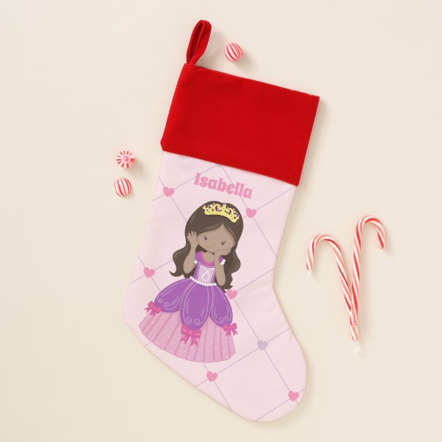 Cute Hispanic Princess Pink Custom Girls Name Christmas Stocking (Front)