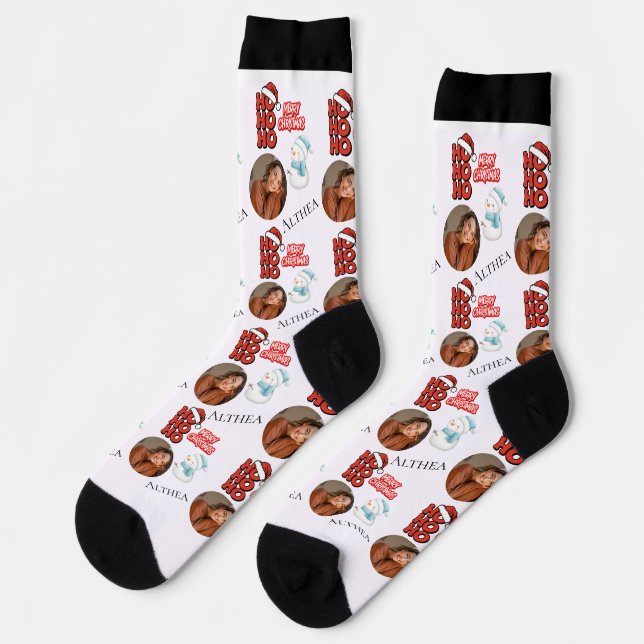 Cute Ho Ho Ho One photo Name Merry Christmas  Socks (Left)