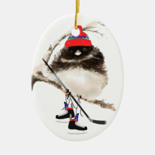Cute Hockey Bird in Hat, Christmas Humor, Junco Ceramic Ornament