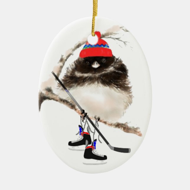 Cute Hockey Bird in Hat, Christmas Humor, Junco Ceramic Ornament (Front)