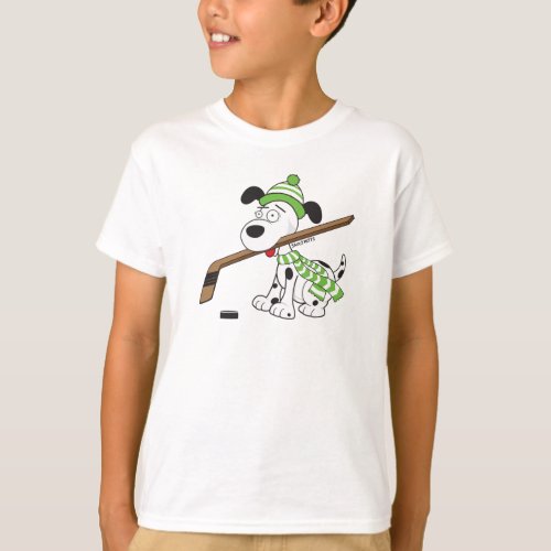 Cute Hockey Dog Green Scarf and Hat Hockey Stick T_Shirt
