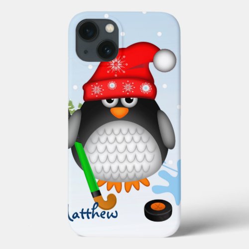 Cute Hockey penguin with hat and custom name iPhone 13 Case