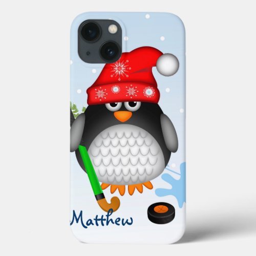 Cute Hockey penguin with hat and custom name iPhone 13 Case
